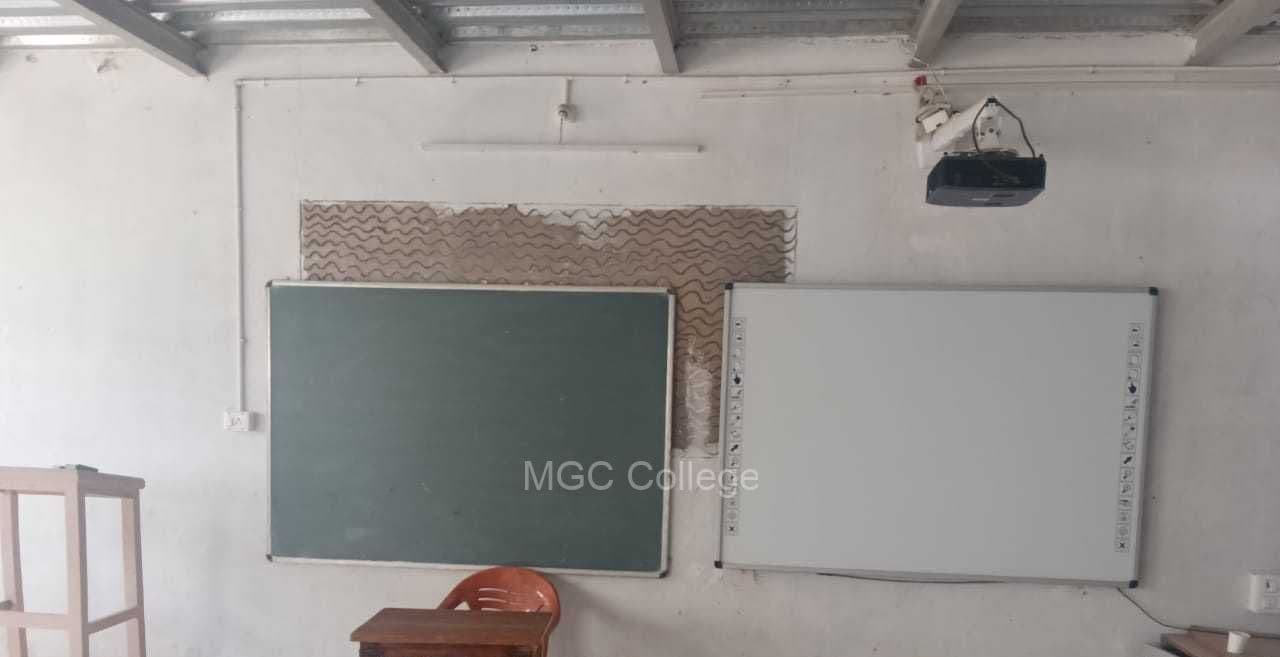 Classroom with a blackboard, whiteboard and ceiling-mounted projector